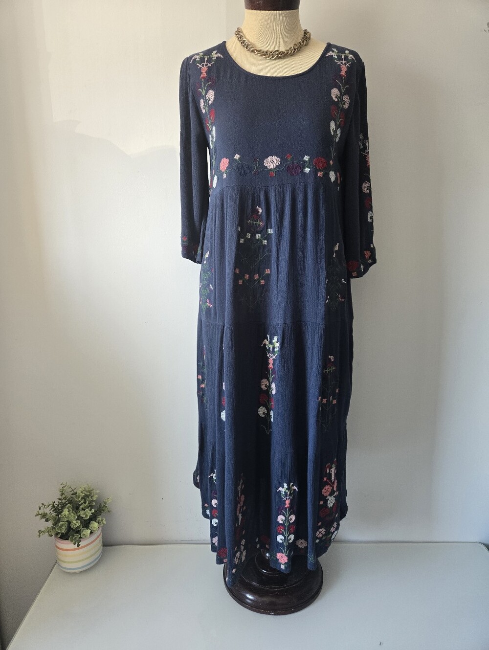 Orange Creek Bohemian Navy Floral Embroidered Maxi Dress. Size Small